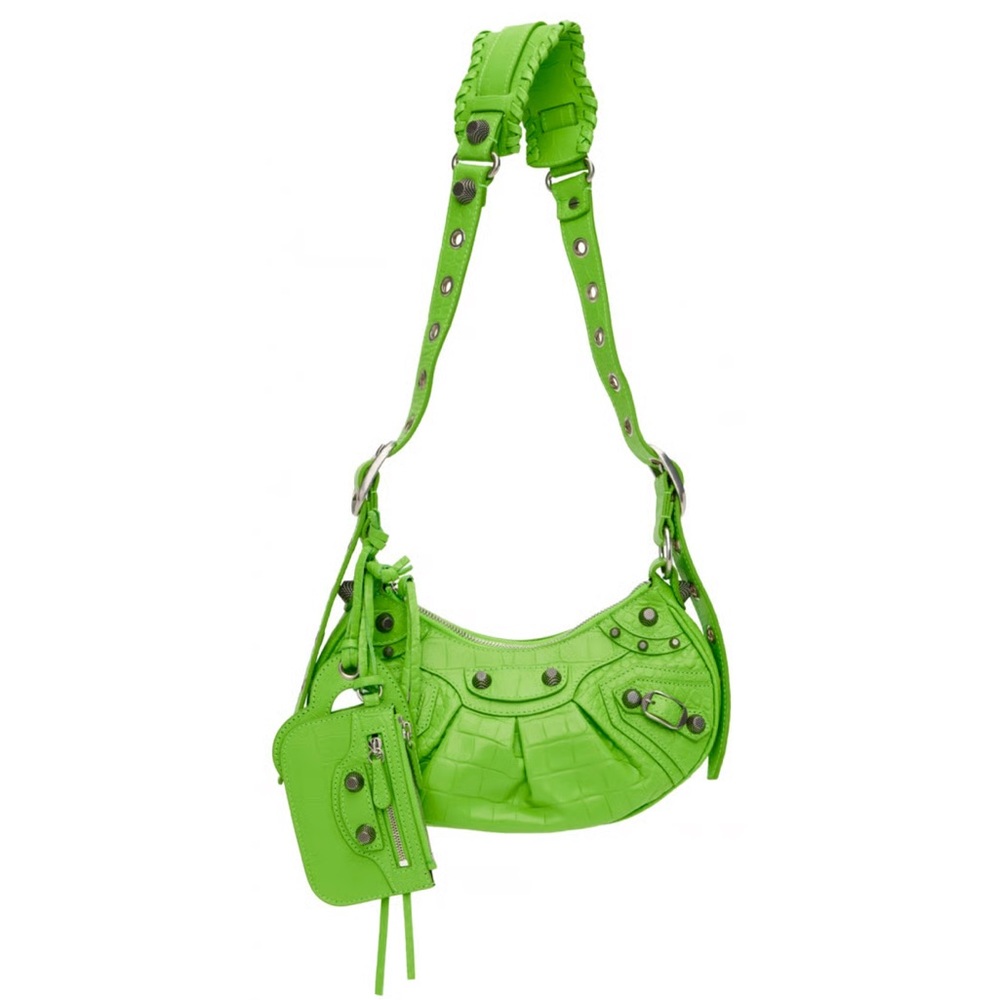 New authentic Balenciaga Le Cagole XS studded neon croc-effect leather bag